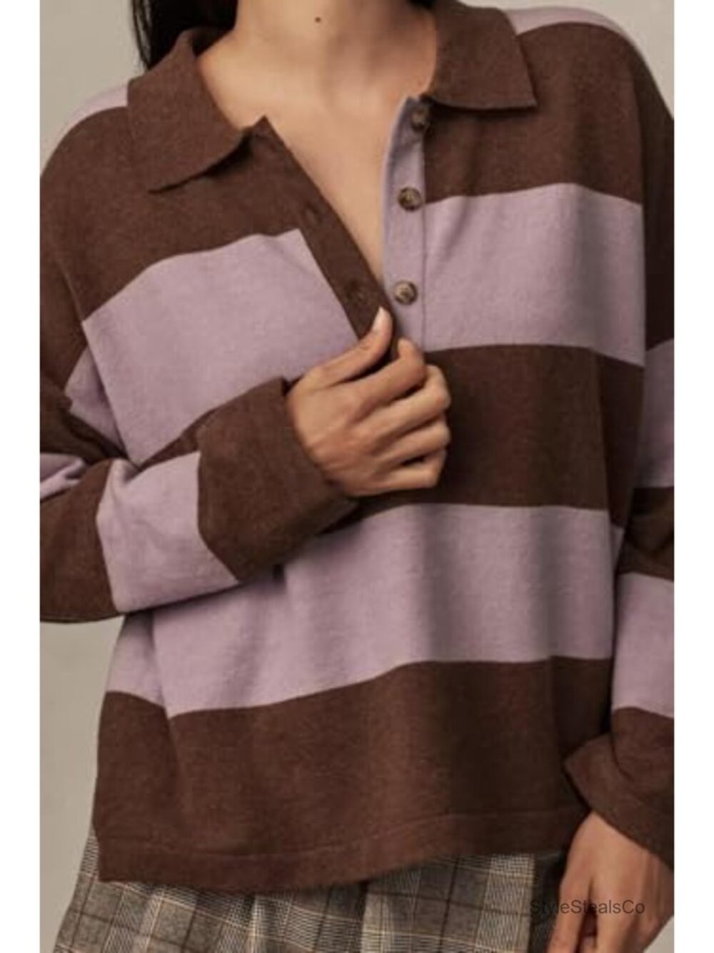 Women's Rugby Shirt Striped Polo V Neck Long Sleeve Pullover Sweater Oversized - Picture 3 of 6